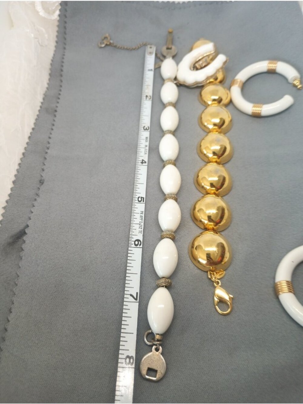 Vtg Monet Lot Bracelet Earring ~Gently loved Gold Half Sphere, White Lucky Charm - Picture 14 of 14